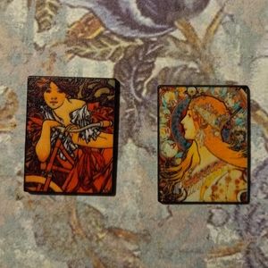 Alphonse Mucha pins, Art Nouveau hat pins, rolling paper girl pins